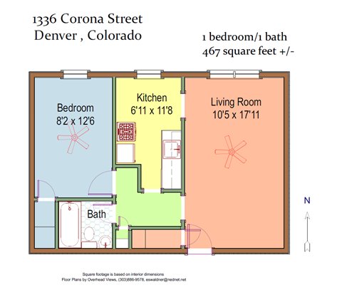 Floor plan for 1 bed, 1 bath, 475 sqft